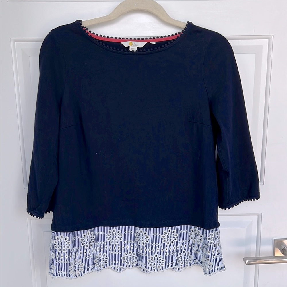 Boden Broderie Eyelet Overlay Jersey Shirt 3/4 Sleeves Top size 6